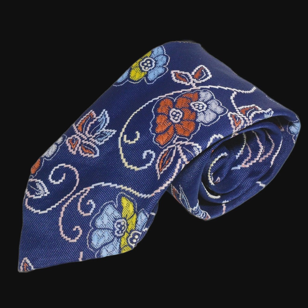 70s Vintage Sears Floral Necktie Mens OS Blue Orange Disco Scroll Print Fat Tie